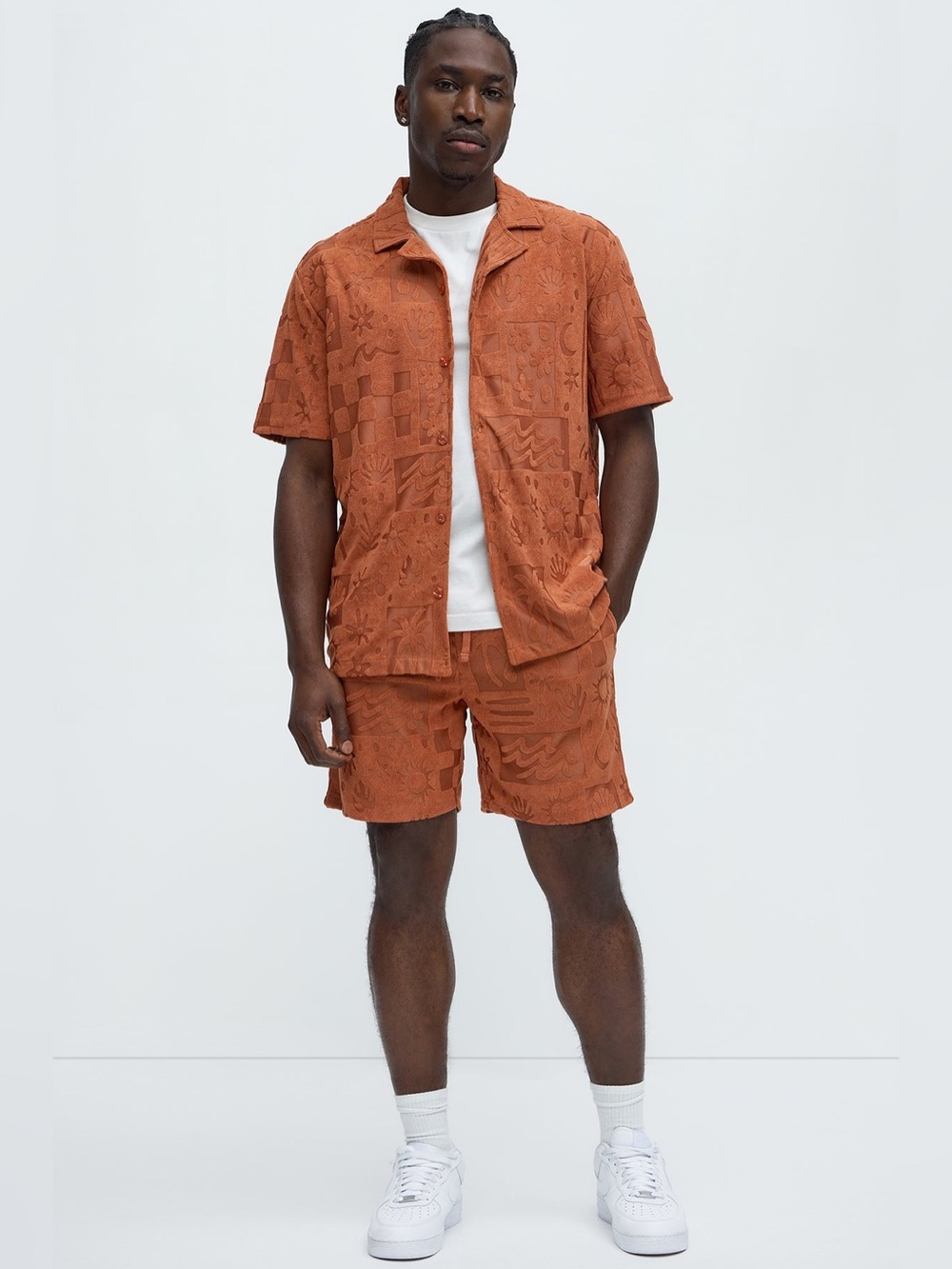 Rust Textured Short Set - Casual Camp Shirt & Shorts